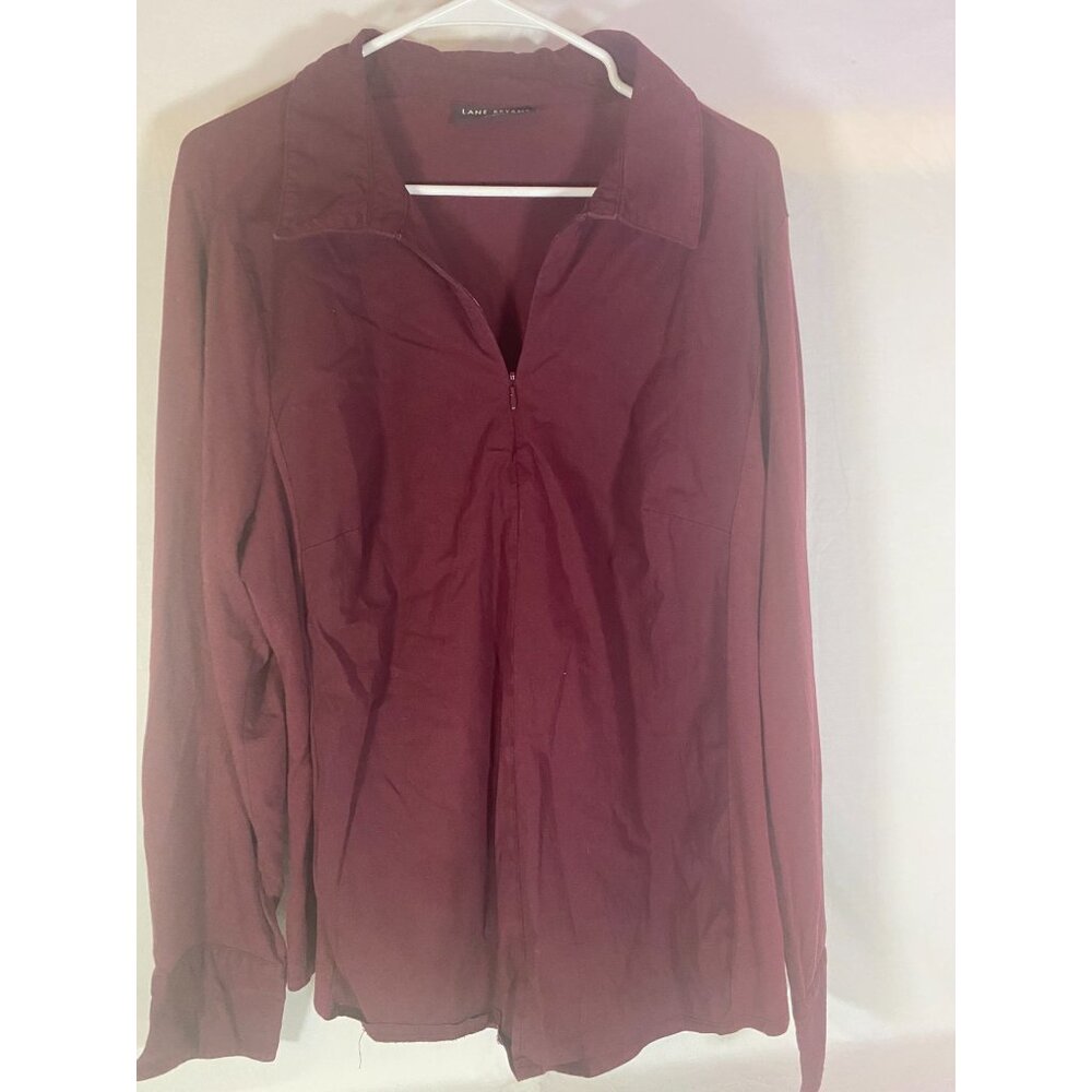 Lane Bryant Size 22 Burgundy V-Neck Zipper Up Button Long Sleeve Pullover Blouse